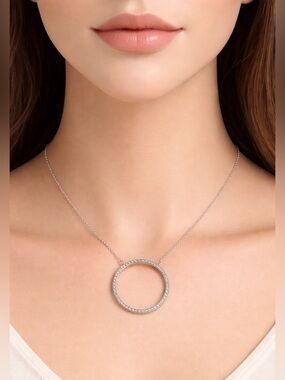 Sterling Pave Cubic Zirconia Circle pendant Necklace 18”
